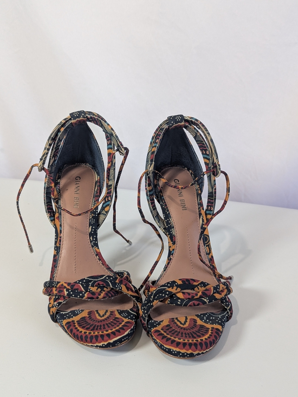 Gianni Bini Multicolor Tribal Print Lace-Up High Heel Sandals 4"
